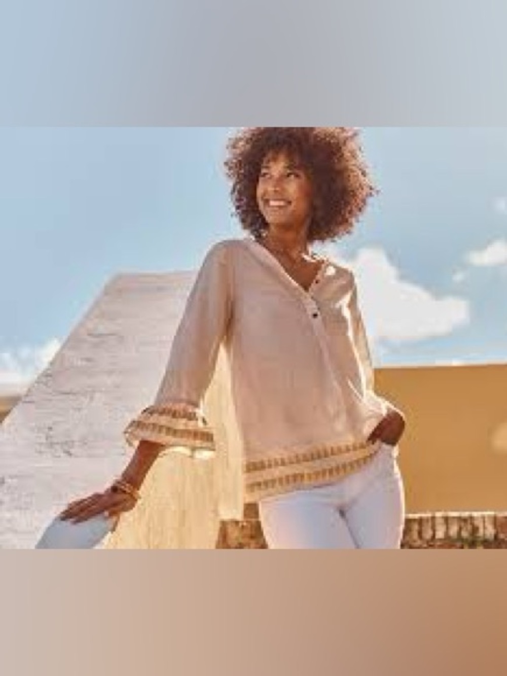 J. Jill Organic Cotton Cream Mustard Geo Stripe Bell Sleeve Tunic Top Large